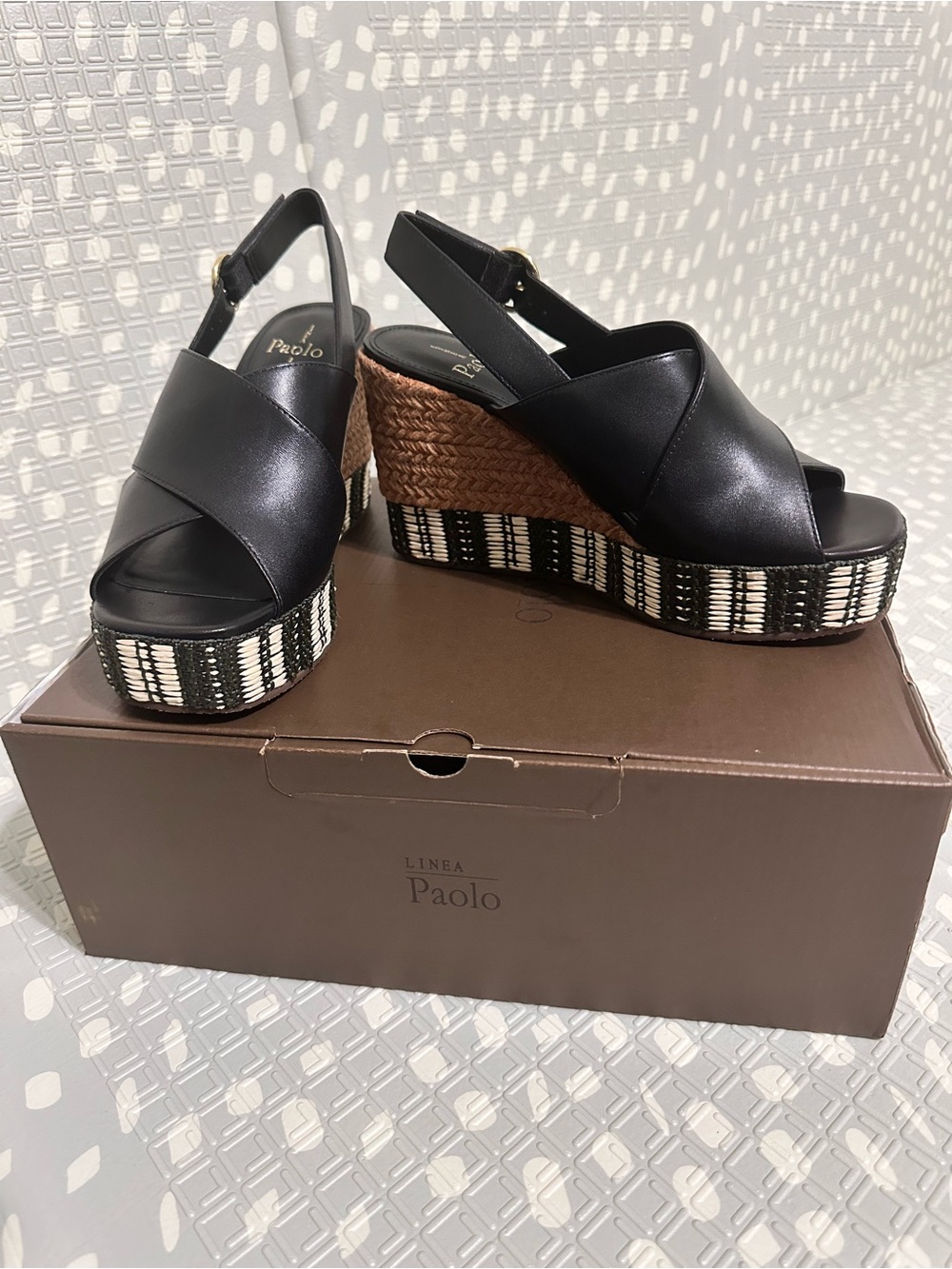 Linea Paolo Black Leather Espadrille Platform Wedges